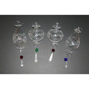 Hand Blown Clear Etched Glass Ornaments with Faceted Rhinestones & Dangle Prisms